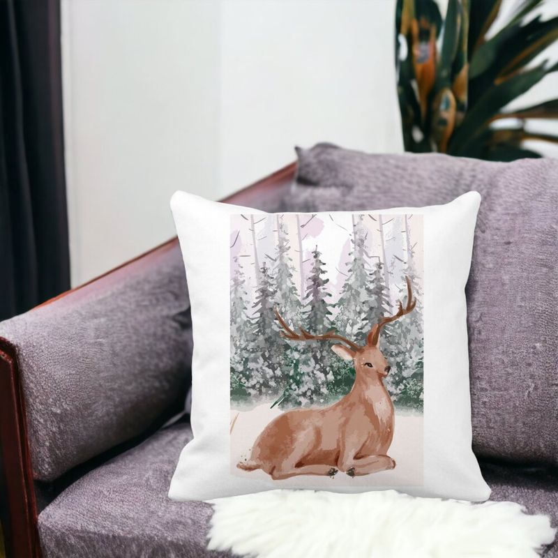 Casa si Gradina - Textile si covoare - Perne si pilote - Perne decorative - Perna Decorativa cu tematica de Craciun, Cerb, 40x40 cm, Alb mat, Husa Detasabila, Burduf - Infinity.ro