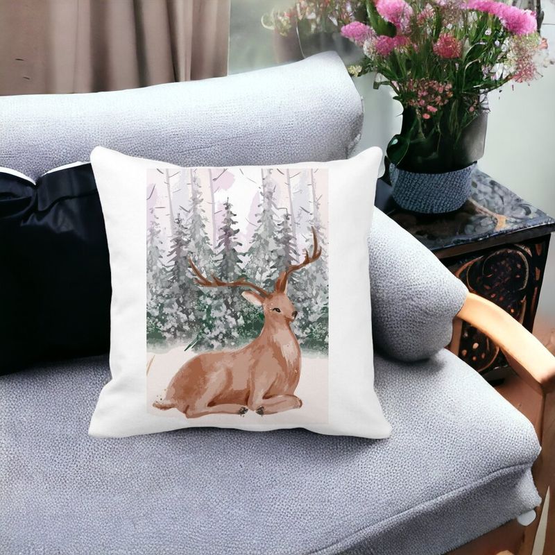 Casa si Gradina - Textile si covoare - Perne si pilote - Perne decorative - Perna Decorativa cu tematica de Craciun, Cerb, 40x40 cm, Alb mat, Husa Detasabila, Burduf - Infinity.ro