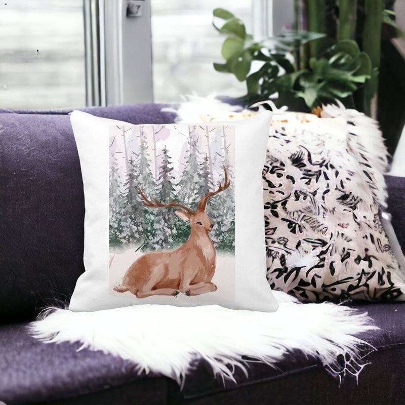 Casa si Gradina - Textile si covoare - Perne si pilote - Perne decorative - Perna Decorativa cu tematica de Craciun, Cerb, 40x40 cm, Alb mat, Husa Detasabila, Burduf - Infinity.ro