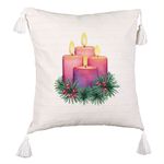 Casa si Gradina - Textile si covoare - Perne si pilote - Perne decorative - Perna Decorativa cu Franjuri cu tematica de Craciun, Lumanari 5, 45x45 cm, Ecru, Cu fermoar - Infinity.ro