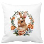Casa si Gradina - Textile si covoare - Perne si pilote - Perne decorative - Perna Decorativa Patrata Iepuras cu Coronita Florala, 40x40 cm, Alb mat, Husa Detasabila, Burduf - Infinity.ro