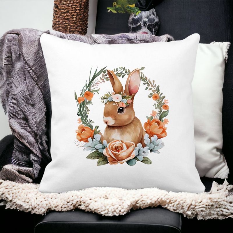 Casa si Gradina - Textile si covoare - Perne si pilote - Perne decorative - Perna Decorativa Patrata Iepuras cu Coronita Florala, 40x40 cm, Alb mat, Husa Detasabila, Burduf - Infinity.ro
