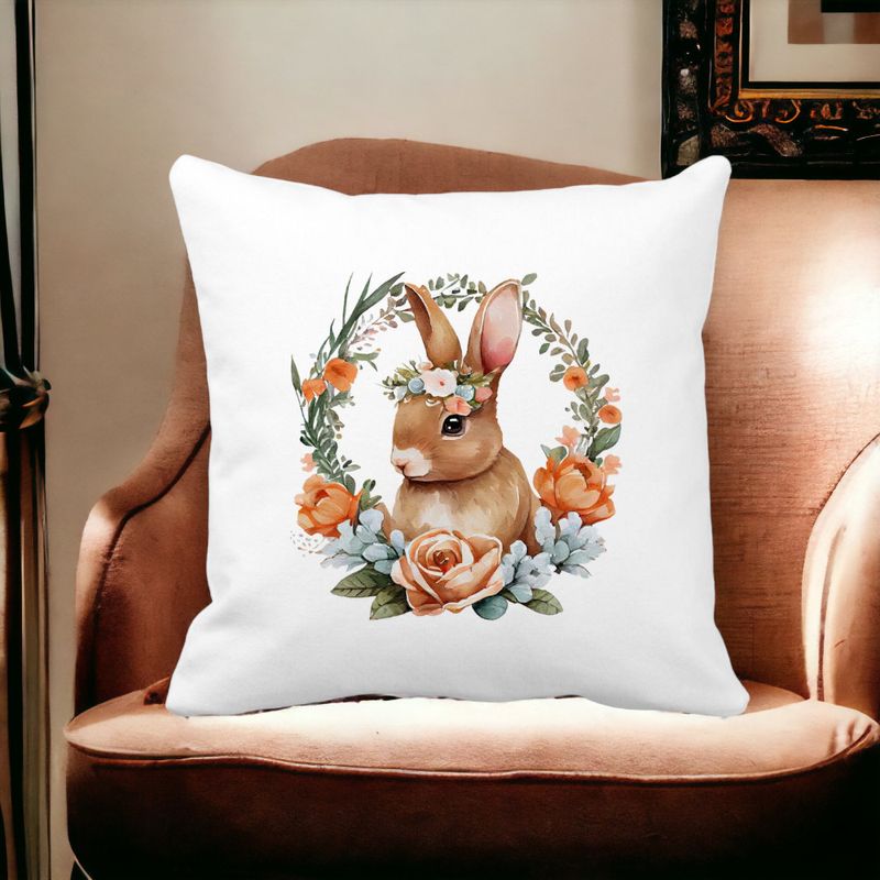 Casa si Gradina - Textile si covoare - Perne si pilote - Perne decorative - Perna Decorativa Patrata Iepuras cu Coronita Florala, 40x40 cm, Alb mat, Husa Detasabila, Burduf - Infinity.ro
