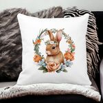 Casa si Gradina - Textile si covoare - Perne si pilote - Perne decorative - Perna Decorativa Patrata Iepuras cu Coronita Florala, 40x40 cm, Alb mat, Husa Detasabila, Burduf - Infinity.ro