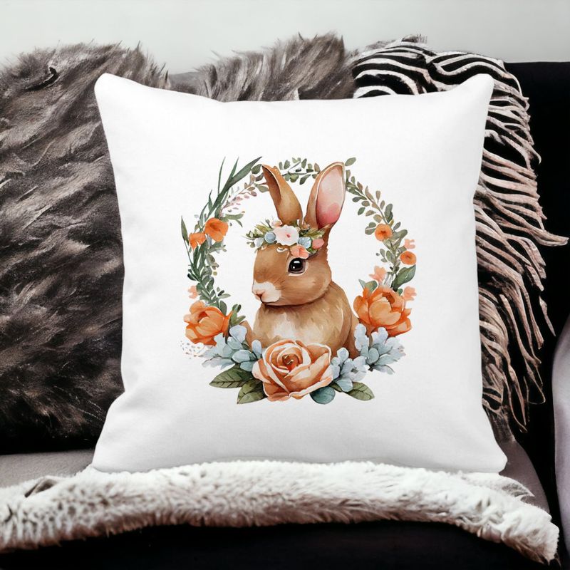 Casa si Gradina - Textile si covoare - Perne si pilote - Perne decorative - Perna Decorativa Patrata Iepuras cu Coronita Florala, 40x40 cm, Alb mat, Husa Detasabila, Burduf - Infinity.ro