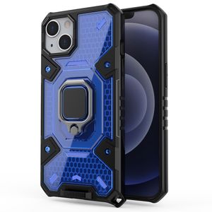 Husa de protectie Honeycomb Armor pentru iPhone 13 Pro Max - Design Negru Albastru, Inel Metalic si Magnet Aut