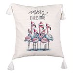 Casa si Gradina - Textile si covoare - Perne si pilote - Perne decorative - Perna Decorativa cu Franjuri cu tematica de Craciun, Flamingo si Text, 45x45 cm, Ecru, Cu fermoar - Infinity.ro