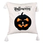 Casa si Gradina - Textile si covoare - Perne si pilote - Perne decorative - Perna Decorativa cu Franjuri cu motiv Dovleac de Halloween si Text, 45x45 cm, Ecru, Cu fermoar - Infinity.ro