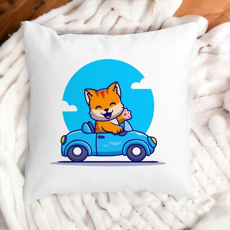 Casa si Gradina - Textile si covoare - Perne si pilote - Perne decorative - Perna Decorativa Patrata Pisica cu Masina, 40x40 cm, Alb mat, Husa Detasabila, Burduf - Infinity.ro
