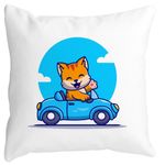 Casa si Gradina - Textile si covoare - Perne si pilote - Perne decorative - Perna Decorativa Patrata Pisica cu Masina, 40x40 cm, Alb mat, Husa Detasabila, Burduf - Infinity.ro