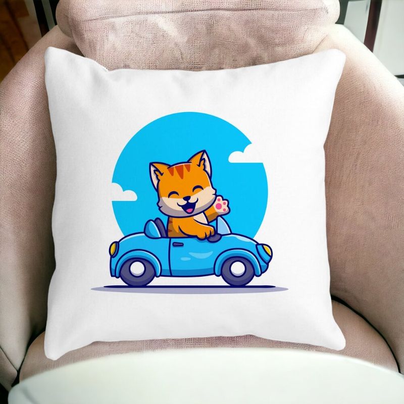 Casa si Gradina - Textile si covoare - Perne si pilote - Perne decorative - Perna Decorativa Patrata Pisica cu Masina, 40x40 cm, Alb mat, Husa Detasabila, Burduf - Infinity.ro