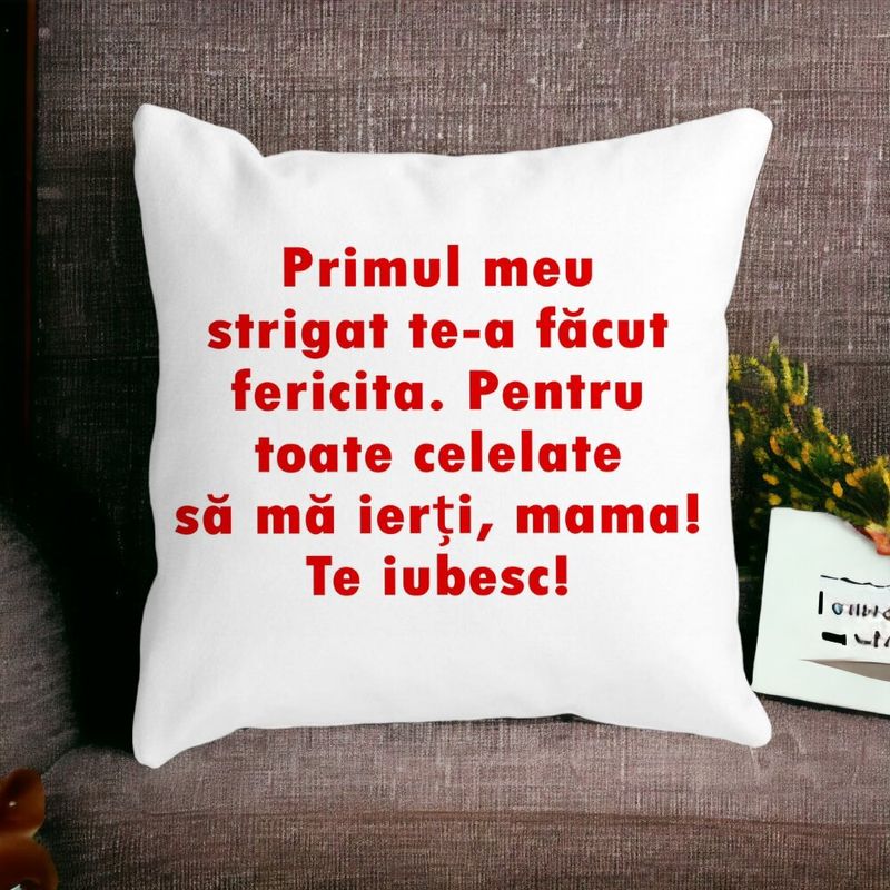 Casa si Gradina - Textile si covoare - Perne si pilote - Perne decorative - Perna Decorativa Patrata Mama Te Iubesc 2,40x40 cm, Alb mat, Husa Detasabila, Burduf - Infinity.ro