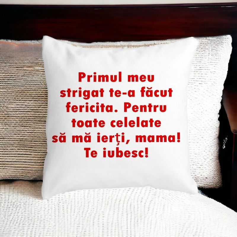 Casa si Gradina - Textile si covoare - Perne si pilote - Perne decorative - Perna Decorativa Patrata Mama Te Iubesc 2,40x40 cm, Alb mat, Husa Detasabila, Burduf - Infinity.ro