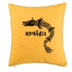 Casa si Gradina - Textile si covoare - Perne si pilote - Perne decorative - Perna Decorativa, Model Lup Dacic Romania, 40x40 cm, Galben, Husa Detasabila, Burduf - Infinity.ro