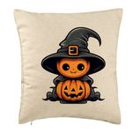 Casa si Gradina - Textile si covoare - Perne si pilote - Perne decorative - Perna Decorativa cu motiv de Halloween 1, 40x40 cm, Bej, Husa Detasabila, Burduf - Infinity.ro