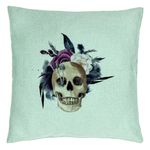 Casa si Gradina - Textile si covoare - Perne si pilote - Perne decorative - Perna Decorativa cu motiv Craniu si Flori de Halloween, 40x40 cm, Verde Menta, Husa Detasabila, Burduf - Infinity.ro