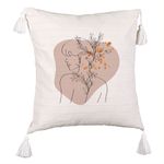 Casa si Gradina - Textile si covoare - Perne si pilote - Perne decorative - Perna Decorativa cu Franjuri, Model Corp Femeie si Flori, 45x45 cm, Ecru, Cu fermoar - Infinity.ro