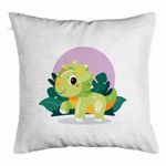 Casa si Gradina - Textile si covoare - Perne si pilote - Perne decorative - Perna Decorativa, Model Baby Dinozaur Verde cu Peisaj, 40x40 cm, Alb Murdar, Husa Detasabila, Burduf - Infinity.ro