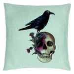 Casa si Gradina - Textile si covoare - Perne si pilote - Perne decorative - Perna Decorativa cu motiv Craniu si Cioara de Halloween, 40x40 cm, Verde Menta, Husa Detasabila, Burduf - Infinity.ro