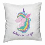 Casa si Gradina - Textile si covoare - Perne si pilote - Perne decorative - Perna Decorativa, Model Unicorns Believe in Magic, 40x40 cm, Alb Murdar, Husa Detasabila, Burduf - Infinity.ro