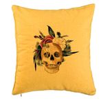 Casa si Gradina - Textile si covoare - Perne si pilote - Perne decorative - Perna Decorativa cu motiv Craniu si Flori de Halloween, 40x40 cm, Galben, Husa Detasabila, Burduf - Infinity.ro