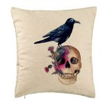 Casa si Gradina - Textile si covoare - Perne si pilote - Perne decorative - Perna Decorativa cu motiv Craniu si Cioara de Halloween, 40x40 cm, Bej, Husa Detasabila, Burduf - Infinity.ro