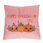 Casa si Gradina - Textile si covoare - Perne si pilote - Perne decorative - Perna Decorativa cu motiv Dovleac si Text de Halloween, Multicolor, 40x40 cm, Roz, Husa Detasabila, Burduf - Infinity.ro