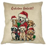 Casa si Gradina - Textile si covoare - Perne si pilote - Perne decorative - Perna Decorativa de Craciun cu Catelusi si Text, 40x40 cm, Husa Detasabila, Burduf - Infinity.ro