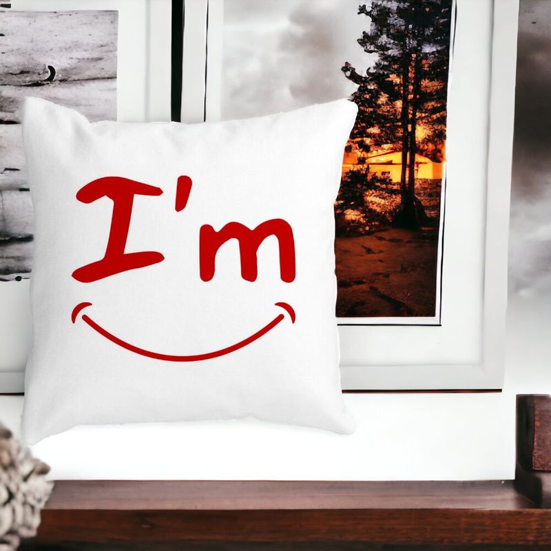 Casa si Gradina - Textile si covoare - Perne si pilote - Perne decorative - Perna Decorativa Patrata Im Happy, 40x40 cm, Alb mat, Husa Detasabila, Burduf - Infinity.ro