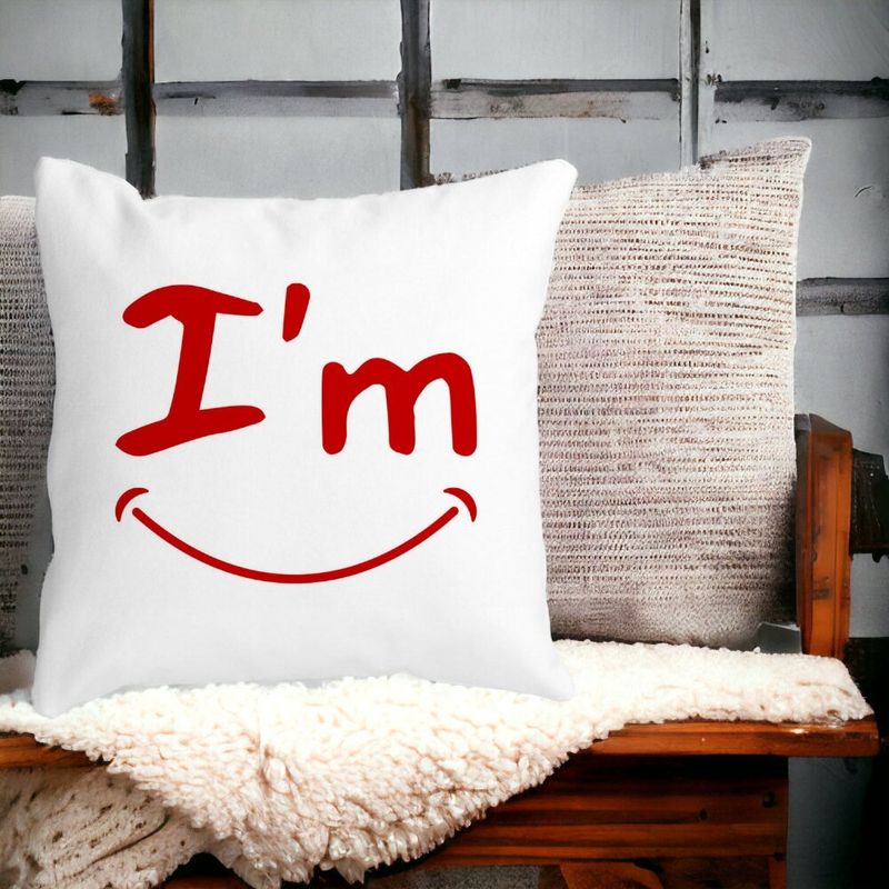 Casa si Gradina - Textile si covoare - Perne si pilote - Perne decorative - Perna Decorativa Patrata Im Happy, 40x40 cm, Alb mat, Husa Detasabila, Burduf - Infinity.ro