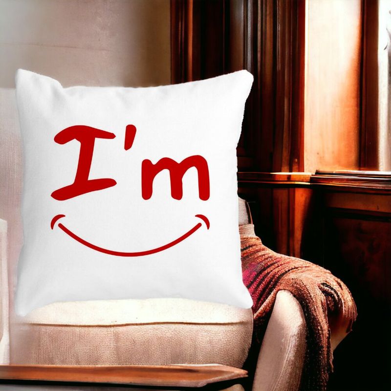 Casa si Gradina - Textile si covoare - Perne si pilote - Perne decorative - Perna Decorativa Patrata Im Happy, 40x40 cm, Alb mat, Husa Detasabila, Burduf - Infinity.ro