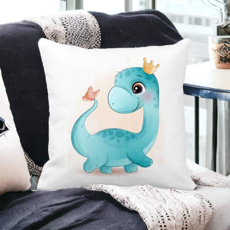 Casa si Gradina - Textile si covoare - Perne si pilote - Perne decorative - Perna Decorativa Patrata Blue Baby Dinozaur, 40x40 cm, Alb mat, Husa Detasabila, Burduf - Infinity.ro
