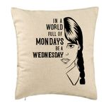 Casa si Gradina - Textile si covoare - Perne si pilote - Perne decorative - Perna Decorativa, Model Wednesday Addams si Text, 40x40 cm, Bej, Husa Detasabila, Burduf - Infinity.ro