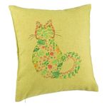 Casa si Gradina - Textile si covoare - Perne si pilote - Perne decorative - Perna Decorativa, Model Pisica cu Flori, Multicolor, 40x40 cm, Verde, Husa Detasabila, Burduf - Infinity.ro