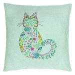 Casa si Gradina - Textile si covoare - Perne si pilote - Perne decorative - Perna Decorativa, Model Pisica cu Flori, Multicolor, 40x40 cm, Verde Menta, Husa Detasabila, Burduf - Infinity.ro