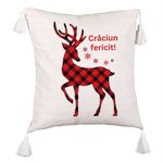 Casa si Gradina - Textile si covoare - Perne si pilote - Perne decorative - Perna Decorativa cu Franjuri cu tematica de Craciun, Ren si Text 4, 45x45 cm, Ecru, Cu fermoar - Infinity.ro