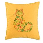 Casa si Gradina - Textile si covoare - Perne si pilote - Perne decorative - Perna Decorativa, Model Pisica cu Flori, Multicolor, 40x40 cm, Galben, Husa Detasabila, Burduf - Infinity.ro