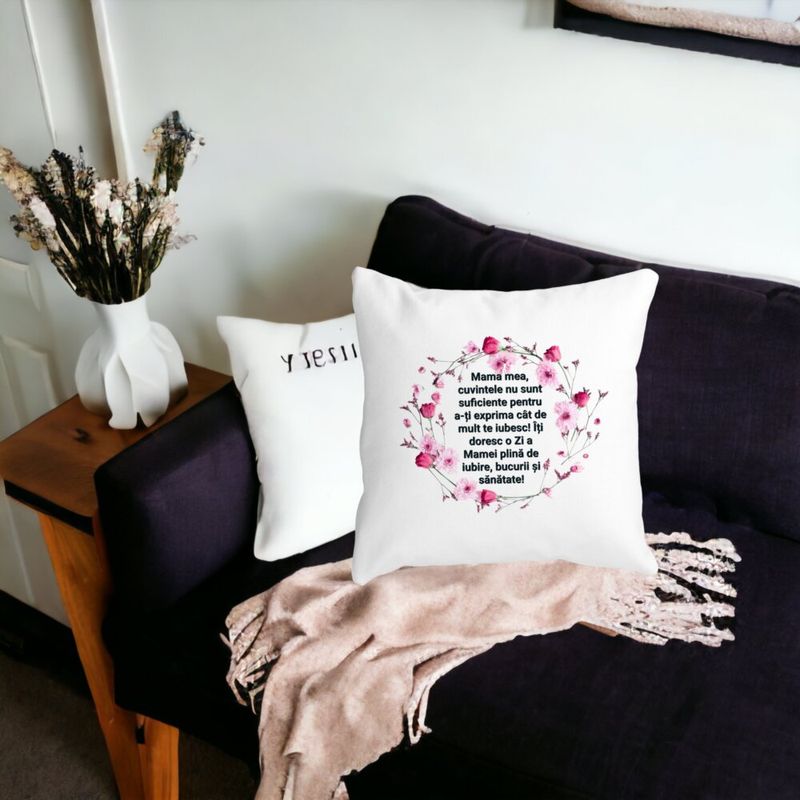 Casa si Gradina - Textile si covoare - Perne si pilote - Perne decorative - Perna Decorativa cu Model pentru Mama cu text 40x40 cm, Alb mat, Husa Detasabila, Burduf - Infinity.ro