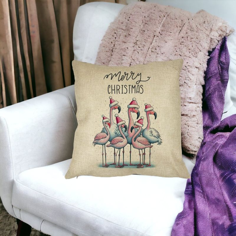 Casa si Gradina - Textile si covoare - Perne si pilote - Perne decorative - Perna Decorativa cu tematica de Craciun, Flamingo si Text, 40x40 cm, Husa Detasabila, Burduf - Infinity.ro