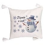 Casa si Gradina - Textile si covoare - Perne si pilote - Perne decorative - Perna Decorativa cu Franjuri de Craciun Om de Zapada si Text 2, 45x45 cm, Ecru, Cu fermoar - Infinity.ro
