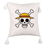 Casa si Gradina - Textile si covoare - Perne si pilote - Perne decorative - Perna Decorativa cu Franjuri cu One Piece, 45x45 cm, Ecru, Cu fermoar - Infinity.ro