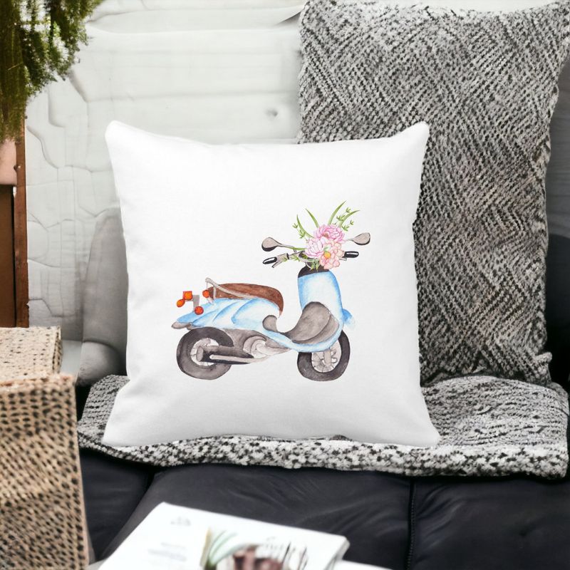 Casa si Gradina - Textile si covoare - Perne si pilote - Perne decorative - Perna Decorativa Patrata Flower Bike, 40x40 cm, Alb mat, Husa Detasabila, Burduf - Infinity.ro