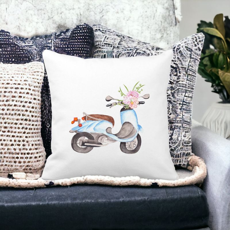 Casa si Gradina - Textile si covoare - Perne si pilote - Perne decorative - Perna Decorativa Patrata Flower Bike, 40x40 cm, Alb mat, Husa Detasabila, Burduf - Infinity.ro