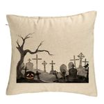 Casa si Gradina - Textile si covoare - Perne si pilote - Perne decorative - Perna Decorativa cu motiv Cimitir de Halloween, 40x40 cm, Bej, Husa Detasabila, Burduf - Infinity.ro