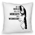 Casa si Gradina - Textile si covoare - Perne si pilote - Perne decorative - Perna Decorativa Fluffy, Model Wednesday Addams si Text, 40x40 cm, Alb, Husa Detasabila, Burduf - Infinity.ro