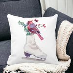 Casa si Gradina - Textile si covoare - Perne si pilote - Perne decorative - Perna Decorativa de Craciun, Patine gheata si Pasare Color, 40x40 cm, Alb mat, Husa Detasabila, Burduf - Infinity.ro