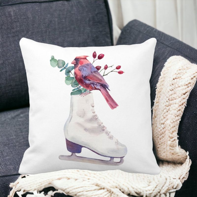 Casa si Gradina - Textile si covoare - Perne si pilote - Perne decorative - Perna Decorativa de Craciun, Patine gheata si Pasare Color, 40x40 cm, Alb mat, Husa Detasabila, Burduf - Infinity.ro