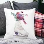 Casa si Gradina - Textile si covoare - Perne si pilote - Perne decorative - Perna Decorativa de Craciun, Patine gheata si Pasare Color, 40x40 cm, Alb mat, Husa Detasabila, Burduf - Infinity.ro