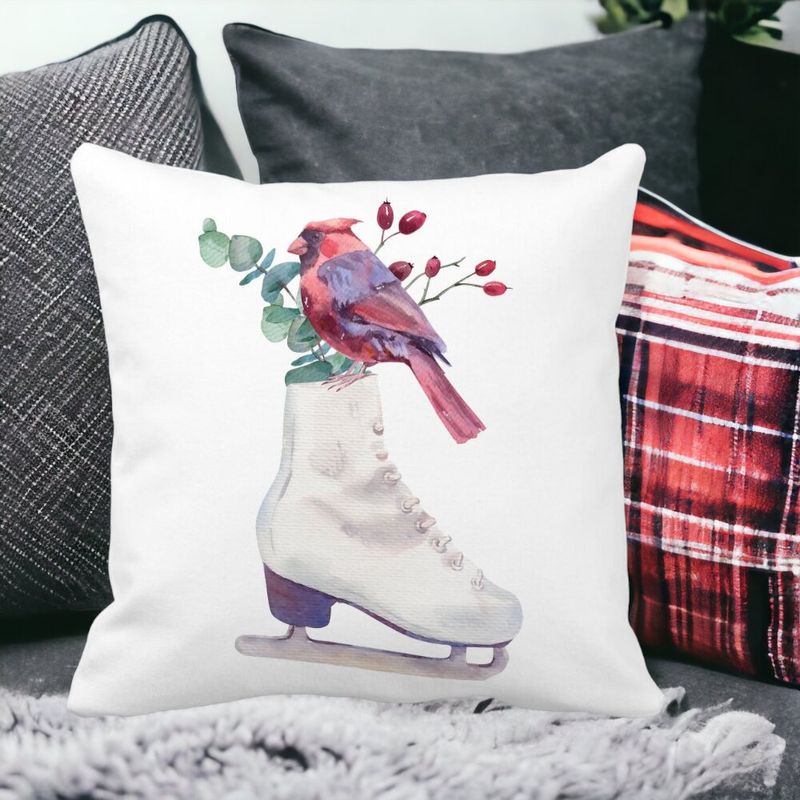 Casa si Gradina - Textile si covoare - Perne si pilote - Perne decorative - Perna Decorativa de Craciun, Patine gheata si Pasare Color, 40x40 cm, Alb mat, Husa Detasabila, Burduf - Infinity.ro