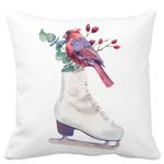 Casa si Gradina - Textile si covoare - Perne si pilote - Perne decorative - Perna Decorativa de Craciun, Patine gheata si Pasare Color, 40x40 cm, Alb mat, Husa Detasabila, Burduf - Infinity.ro